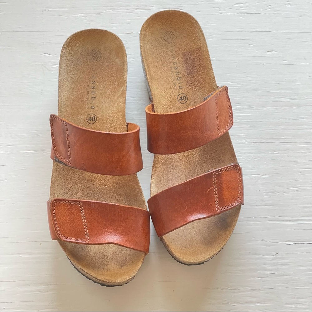 Size 40- Women’s Lola Sabbia Cork Camel Leather Adjustable Strap Wedge Sandals - Picture 9 of 12